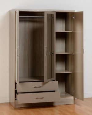 Nevada 3 Door 2 Drawer Mirrored Wardrobe Oyster Gloss Oak