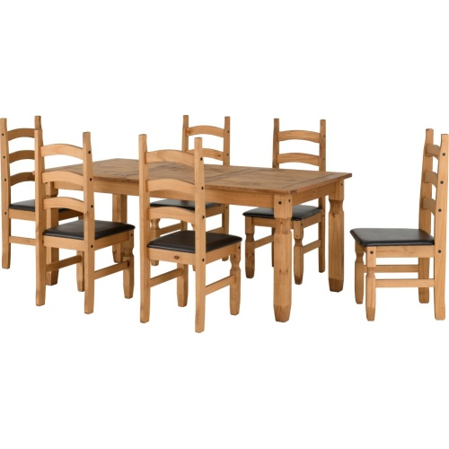 Corona Pine 6' Dining Set 6 Brown Leather Chairs