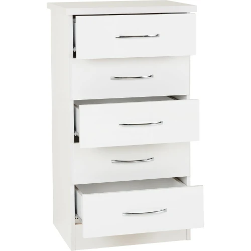 Nevada White Gloss 5 Drawer Narrow Chest