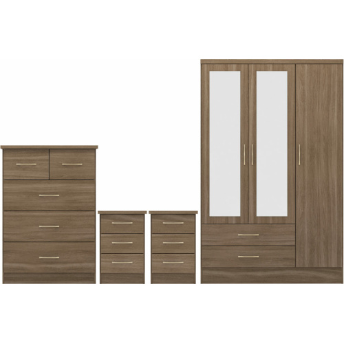 Nevada Rustic Oak 3 Door Mirrored Wardrobe Bedroom Set