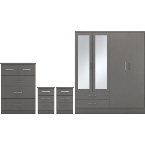 Nevada 3D Grey 4 Door Wardrobe Bedroom Set