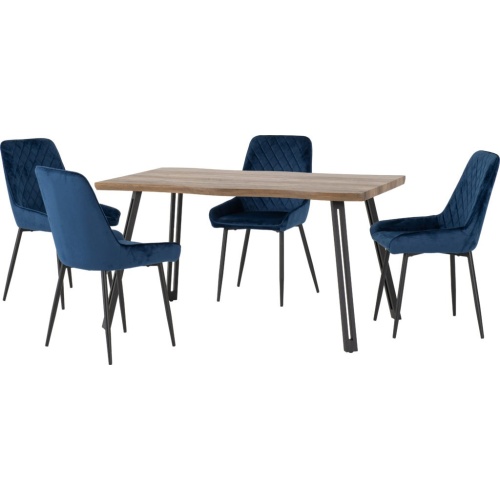 Quebec Wave Edge Dining Set with 4 Sapphire Blue Velvet Avery Chairs