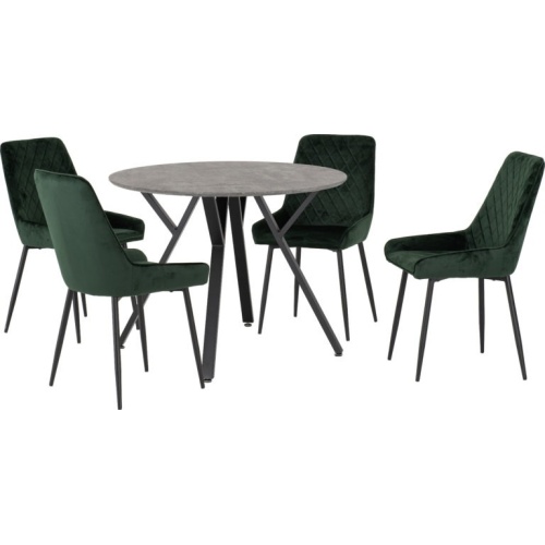 Athens Concrete and Black Round Dining Set with 4 Emerald Green Avery Chairs