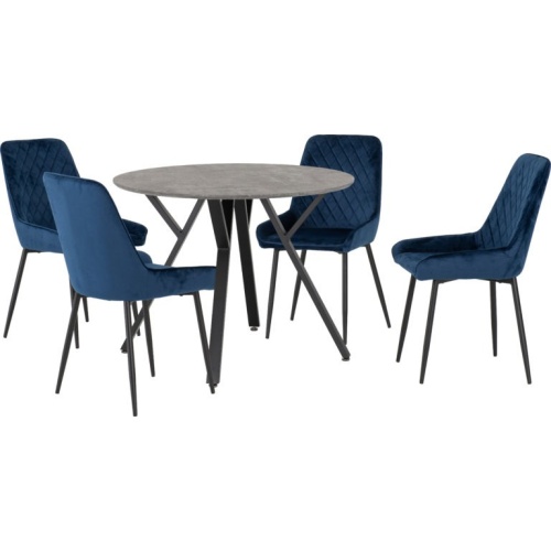 Athens Concrete and Black Round Dining Set with 4 Sapphire Blue Avery Chairs
