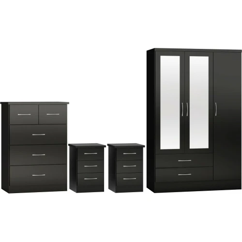 Nevada 3 Door Wardrobe Bedroom Set Black Gloss