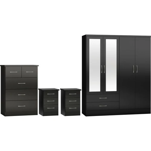 Nevada 4 Door Wardrobe Bedroom Set Black Gloss