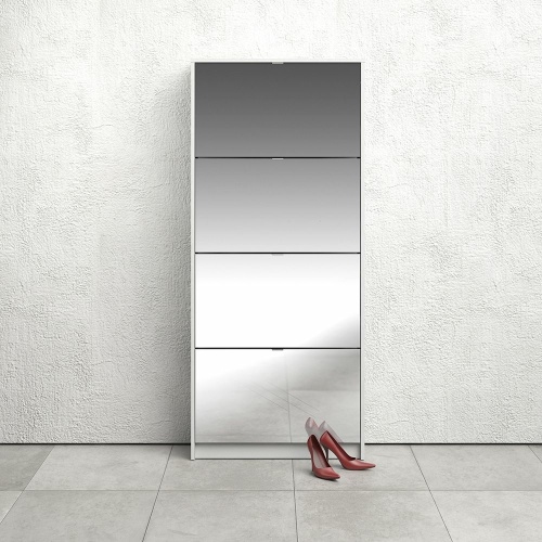 Shoe Cabinet 4 Flip Down Mirror Doors White